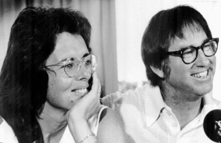 Billie Jean King and Bobby Riggs smile during a news conference in New York to publicize their upcoming match at the Houston Astrodome, July 11, 1973. (AP Photo)
